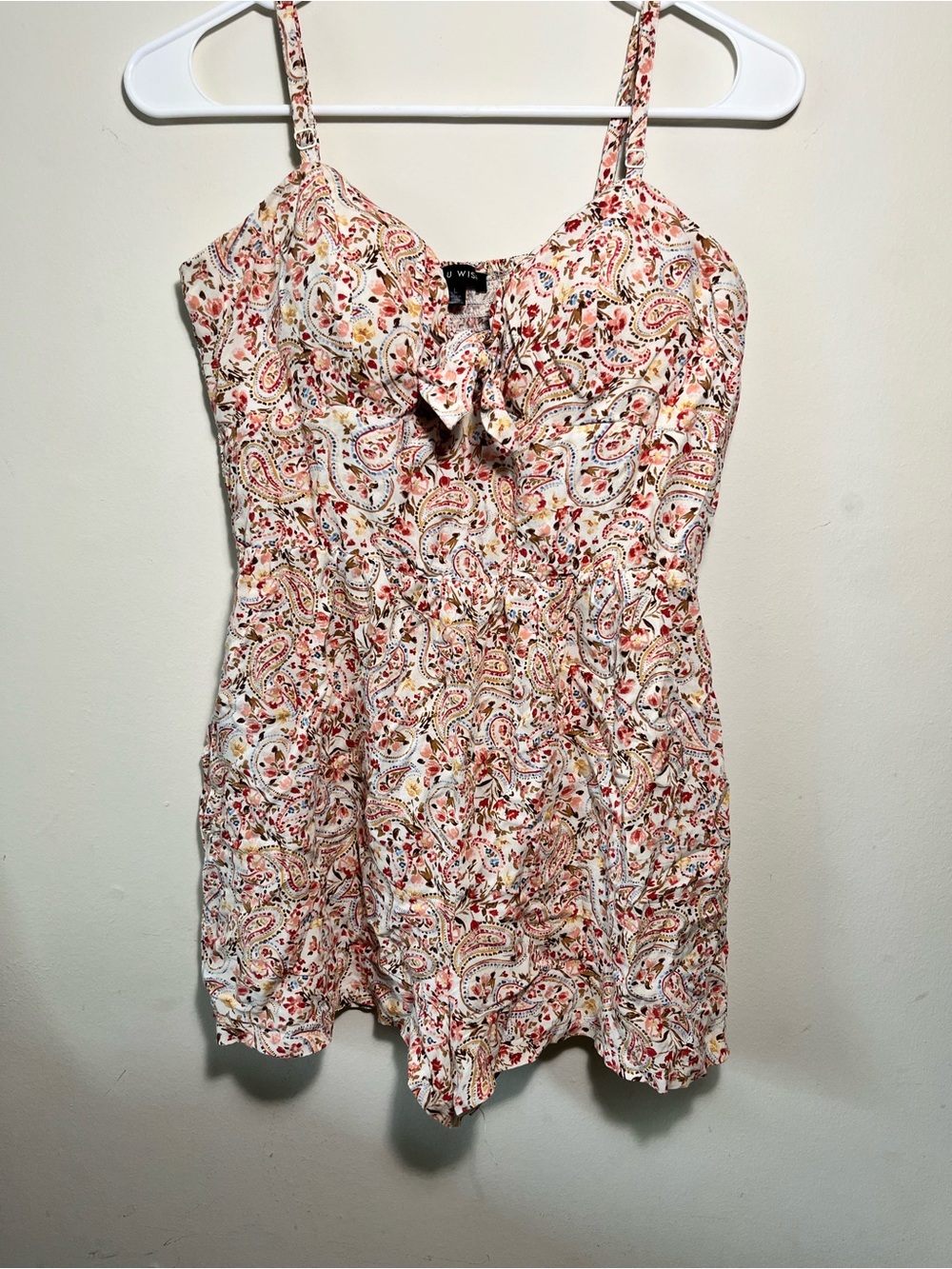 Light Pink Paisley Tie-Front Spaghetti Strap Romper